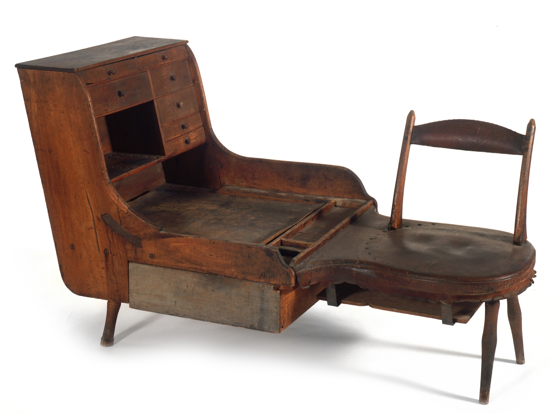 A wooden desk with a chair and drawers.