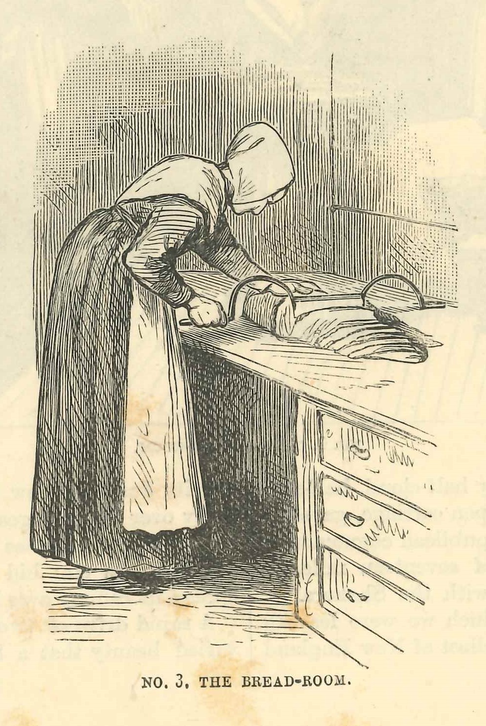 An old illustration of a woman preparing food.