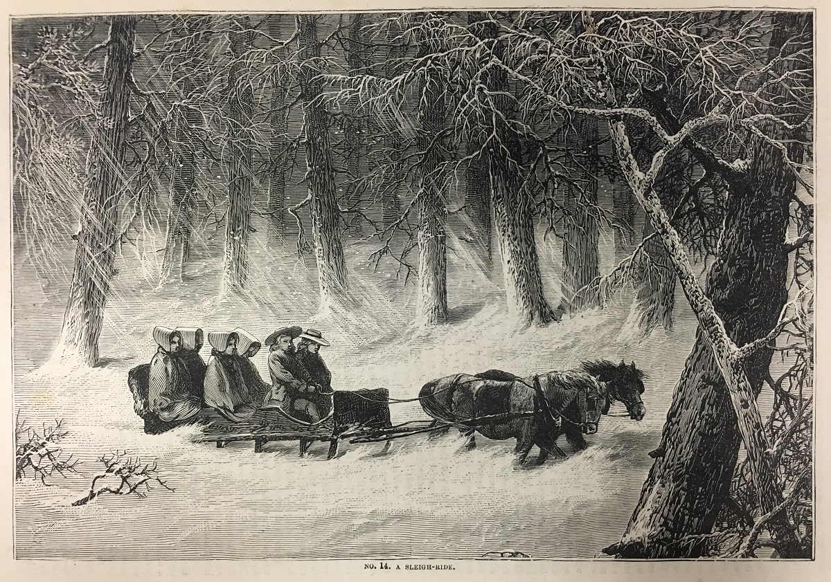 A black and white illustration of people riding in a sleigh in the woods.