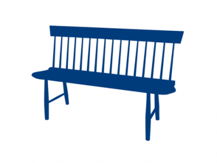 A blue silhouette of a Shaker wood bench with a slatted backrest and simple design against a white background.